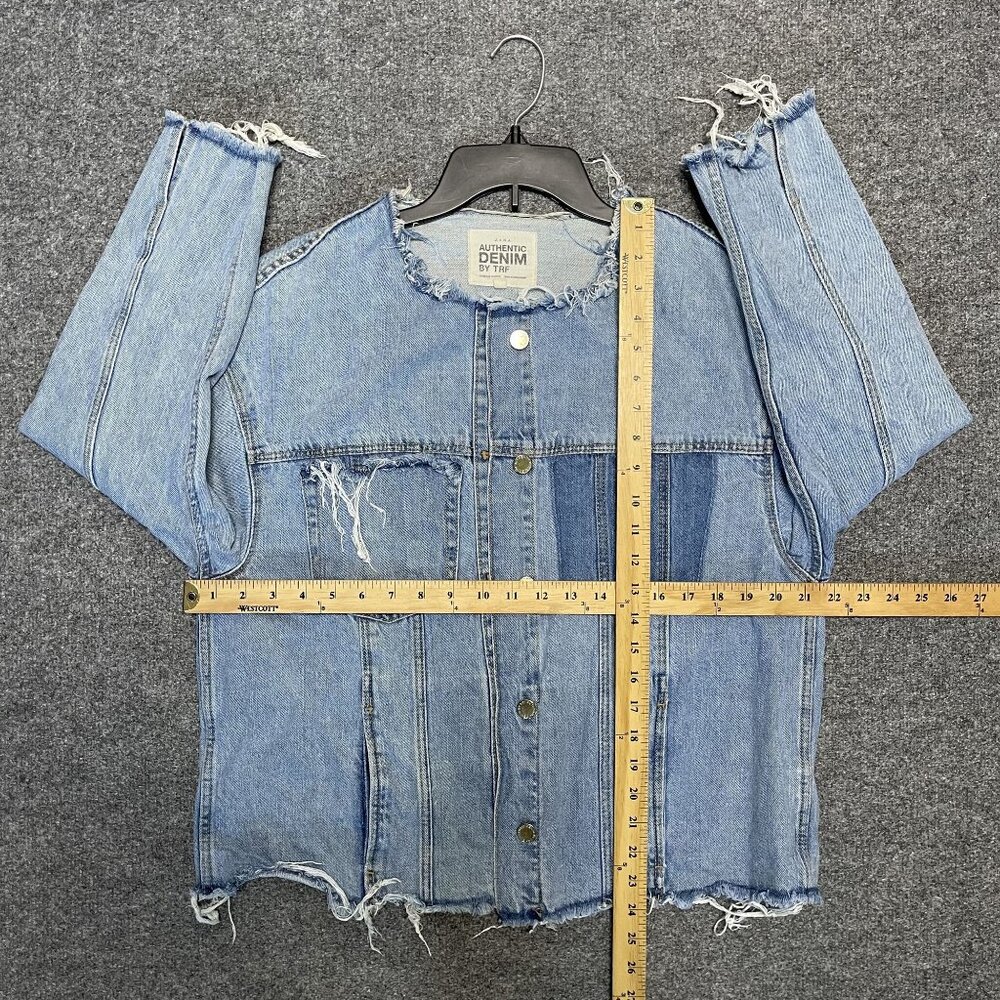 Zara TRF Authentic Denim Oversized Collarless Distressed Jean Jacket Multi - Picture 6 of 7